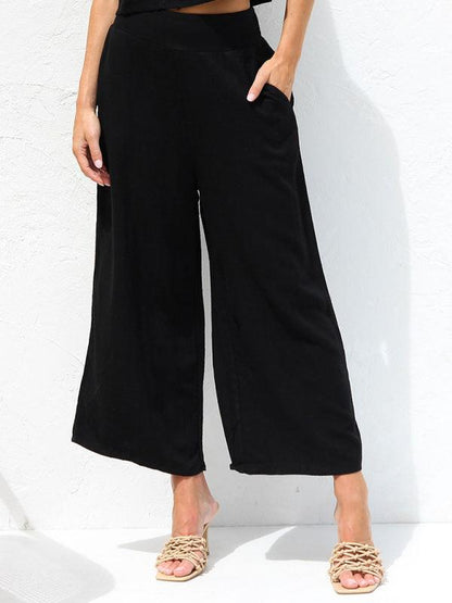 Women's casual sleeveless button-down vest cropped wide-leg pants cotton and linen suit Black