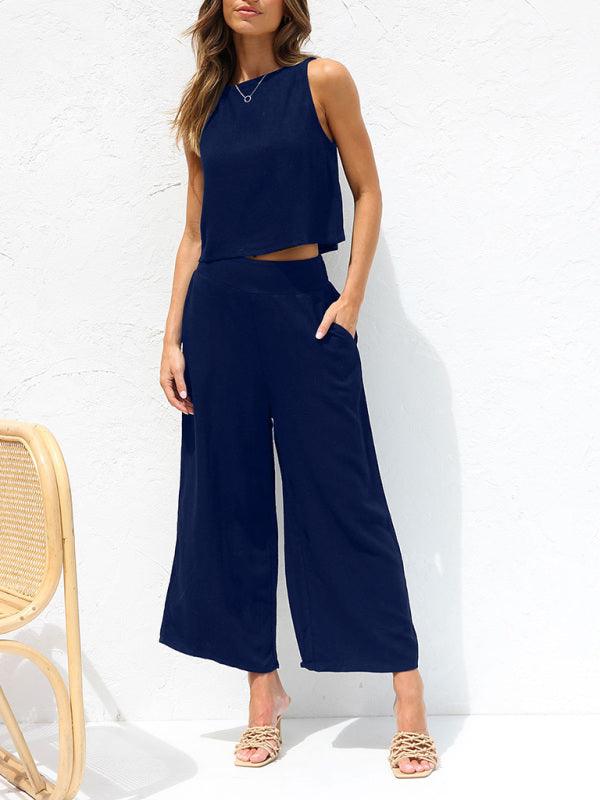 Women's casual sleeveless button-down vest cropped wide-leg pants cotton and linen suit Black