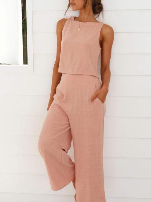 Women's casual sleeveless button-down vest cropped wide-leg pants cotton and linen suit Pink