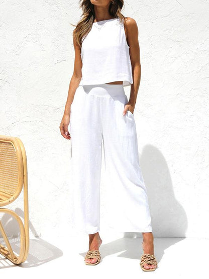 Women's casual sleeveless button-down vest cropped wide-leg pants cotton and linen suit White