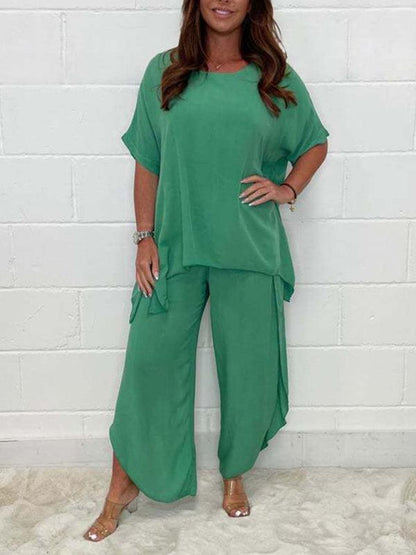 New women's light and breathable split side wide-leg pants suit Green