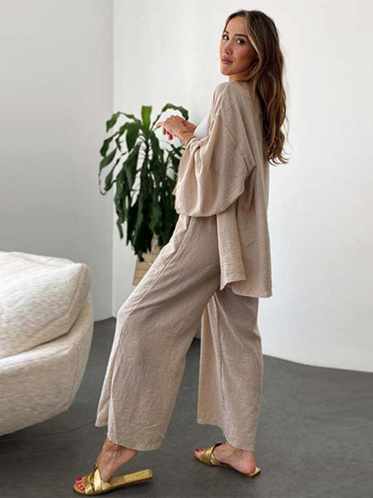 New cotton and linen suit cardigan long-sleeved top pocket wide-leg trousers two-piece set Cracker khaki