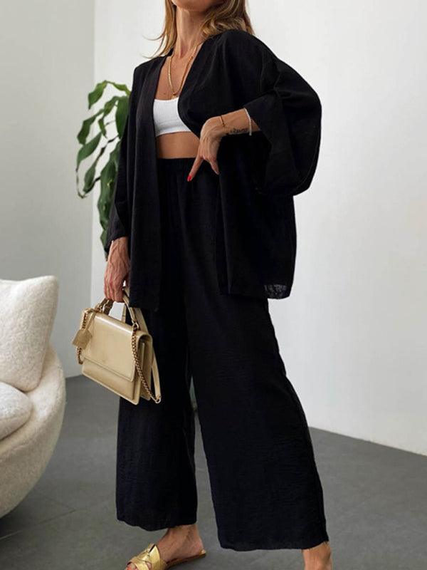 New cotton and linen suit cardigan long-sleeved top pocket wide-leg trousers two-piece set Black