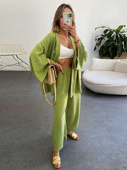 New cotton and linen suit cardigan long-sleeved top pocket wide-leg trousers two-piece set Green