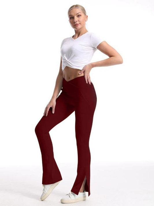 Slit Micro High Waist Elastic Hip Lifting Abdomen Dance Casual Sports Trousers Wine Red