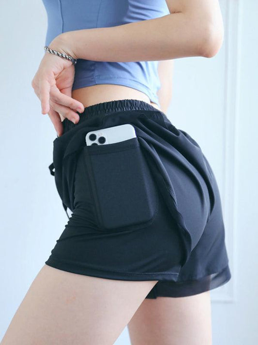 Two Piece Gym Shorts Women High Waist Elastic Tight Sports Yoga Pants Pitch-black