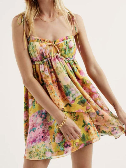 Lace-up French niche color-block floral sling dress with wooden ears Yellow