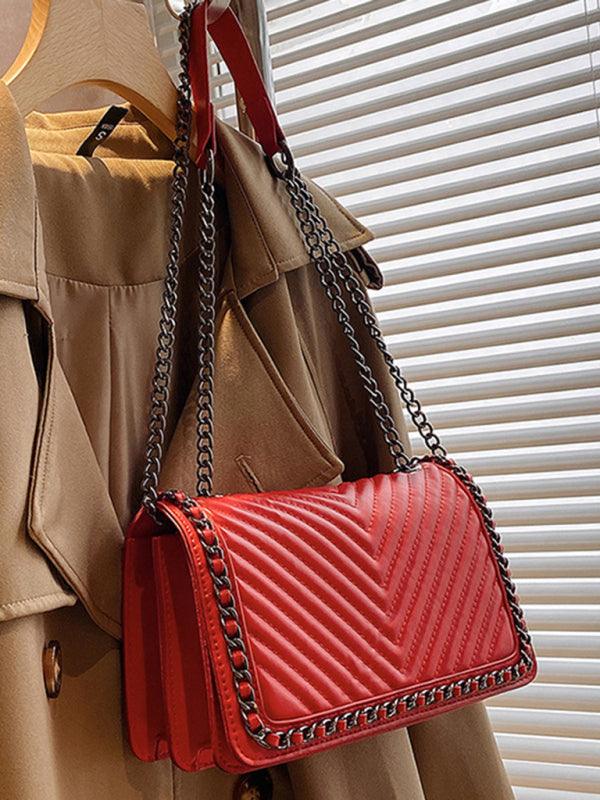 Embroidered thread chain portable small square bag shoulder bag Red F