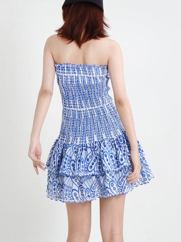 New Arrival Strapless Slim Ruffle Hem Embroidered Short Dress Blue