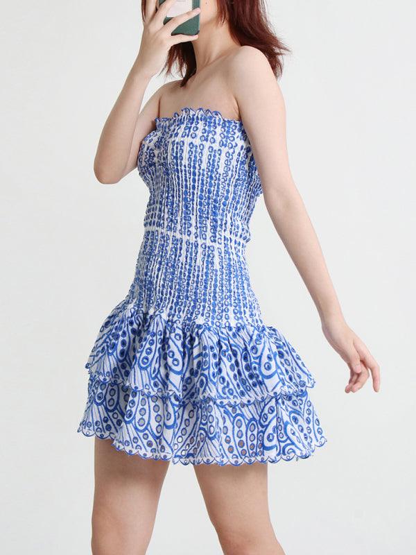 New Arrival Strapless Slim Ruffle Hem Embroidered Short Dress Blue