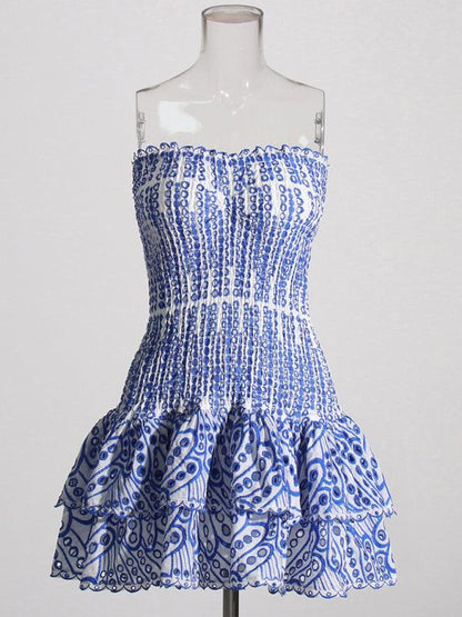 New Arrival Strapless Slim Ruffle Hem Embroidered Short Dress Blue