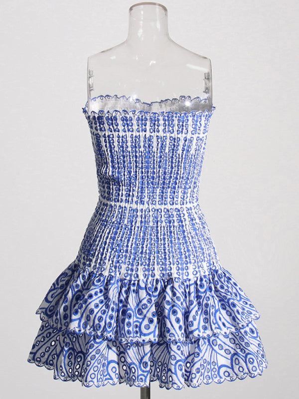 New Arrival Strapless Slim Ruffle Hem Embroidered Short Dress Blue