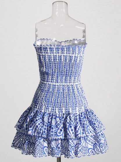 New Arrival Strapless Slim Ruffle Hem Embroidered Short Dress Blue