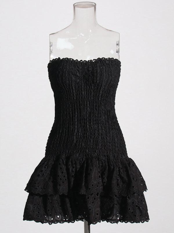 New Arrival Strapless Slim Ruffle Hem Embroidered Short Dress Black