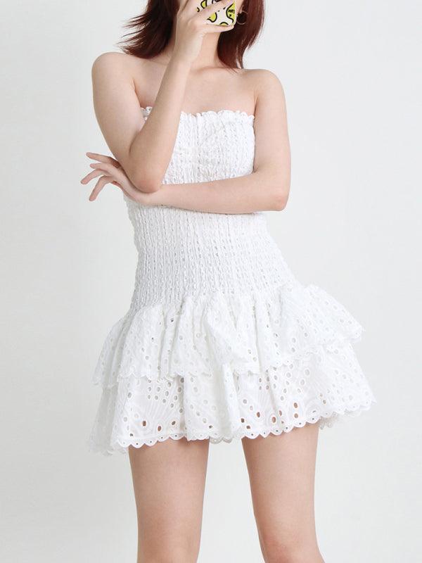 New Arrival Strapless Slim Ruffle Hem Embroidered Short Dress White