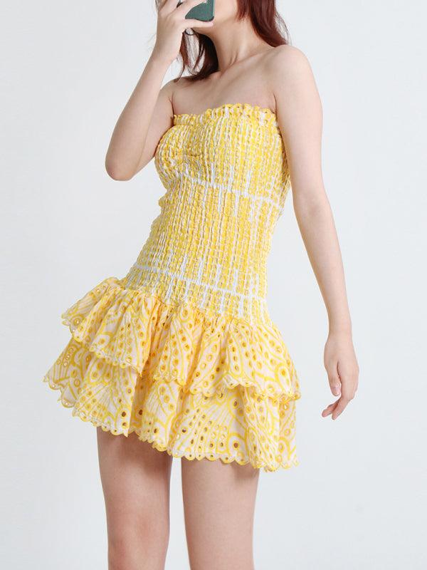 New Arrival Strapless Slim Ruffle Hem Embroidered Short Dress Yellow