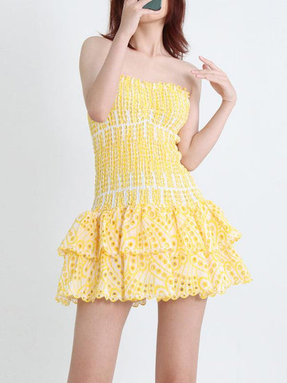 New Arrival Strapless Slim Ruffle Hem Embroidered Short Dress Yellow