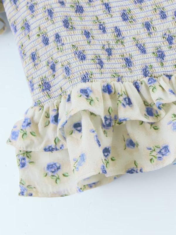 Women's Flying Sleeve Floral Elastic Top + Hip-wrapping Skirt Set Blue