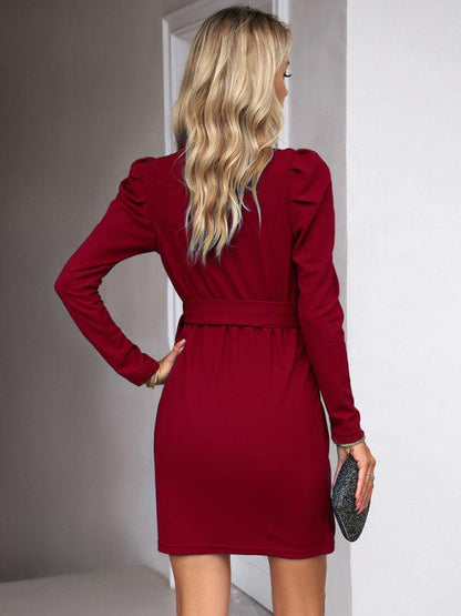 New women's temperament elegant long-sleeved waist skirt dress Wine Red