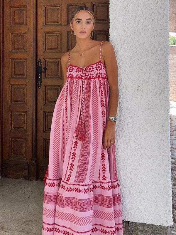 Crochet patchwork knitted ethnic style slip dress Pink