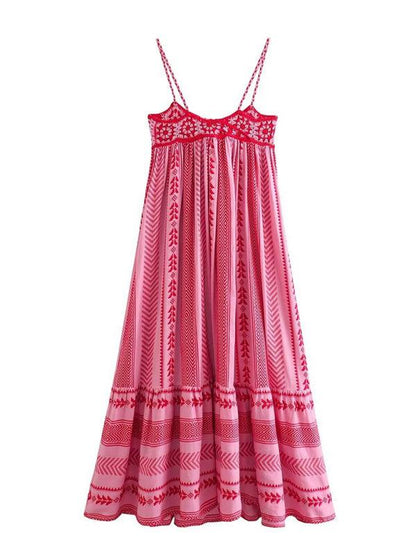 Crochet patchwork knitted ethnic style slip dress Pink