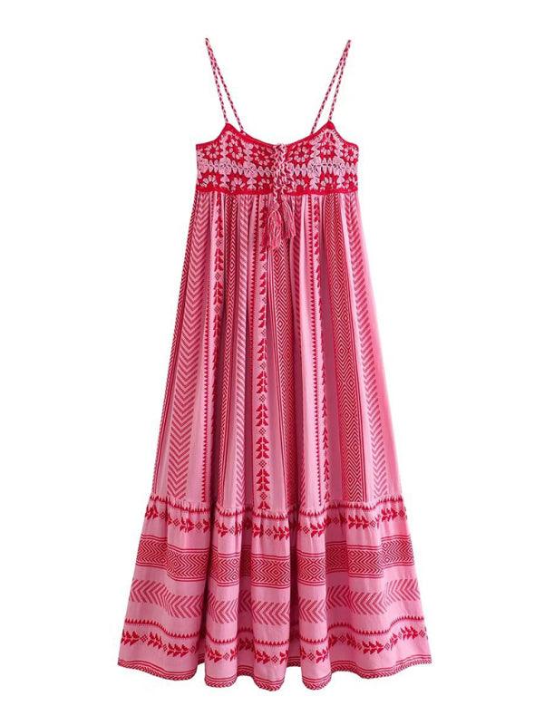 Crochet patchwork knitted ethnic style slip dress Pink