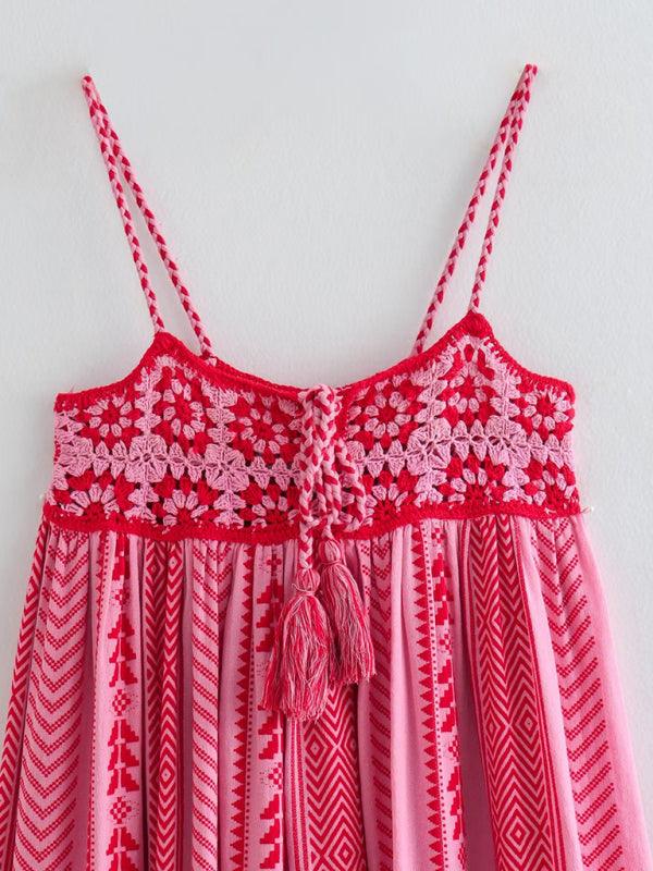 Crochet patchwork knitted ethnic style slip dress Pink