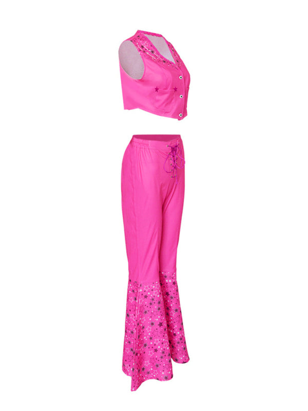 Women's Knit Lace-Up Pants and Vest Set Pink