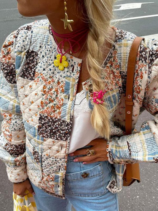 Color Block Print Loose Thin Cotton Jacket White