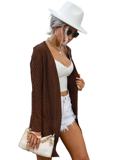 Fashionable women's solid color mid-length long-sleeved twist sweater cardigan Coffee