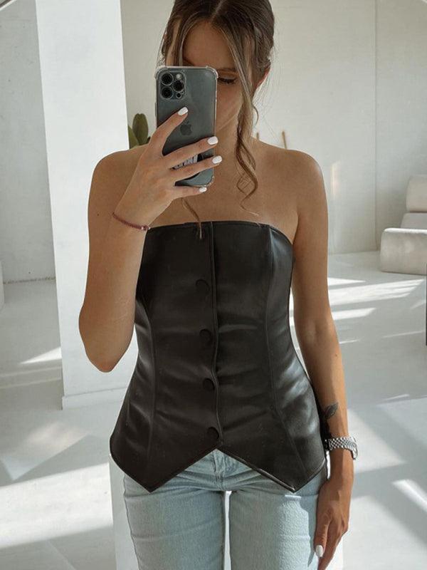 New PU leather single-breasted bateau collar slim and sexy backless tube top Black