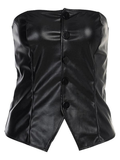 New PU leather single-breasted bateau collar slim and sexy backless tube top Black