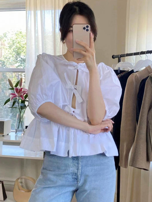 Women's Tie Puff Sleeve Waist Shirt blouse White