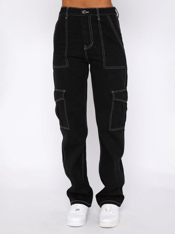 Women's fashionable patchwork straight multi-pocket overalls Black