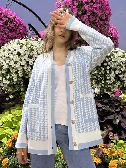 Elegant French loose knitted cardigan for women Blue