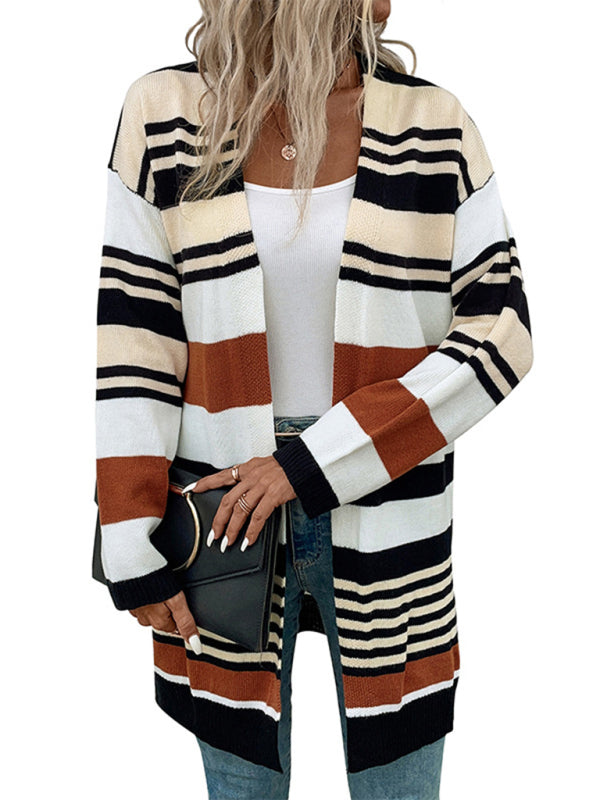 New color block long sweater cardigan Khaki