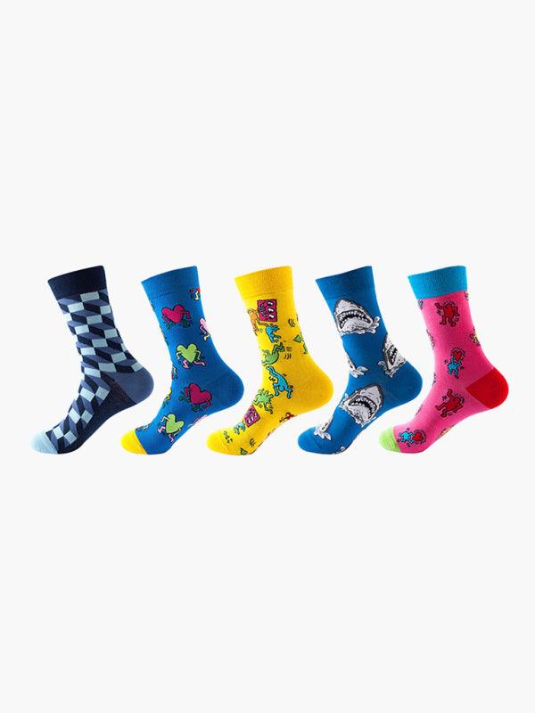 New basketball Christmas fun pattern mid-calf socks (a variety of colors to choose from) 5 pairs Acid blue FREESIZE