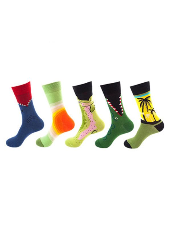 New basketball Christmas fun pattern mid-calf socks (a variety of colors to choose from) 5 pairs Yellow green FREESIZE