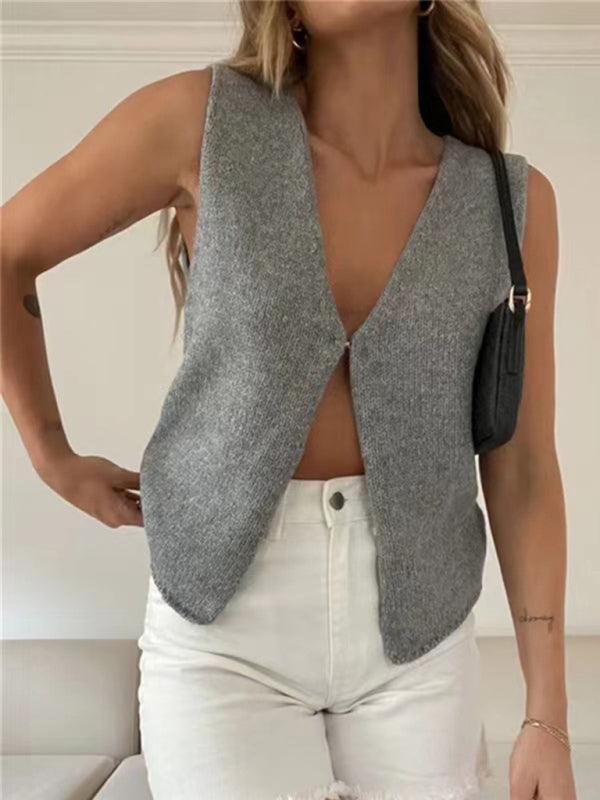 Women's Deep V Sexy New Sleeveless Hot Girl Knitted Top Cardigan Grey