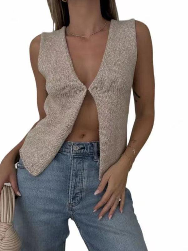 Women's Deep V Sexy New Sleeveless Hot Girl Knitted Top Cardigan Khaki