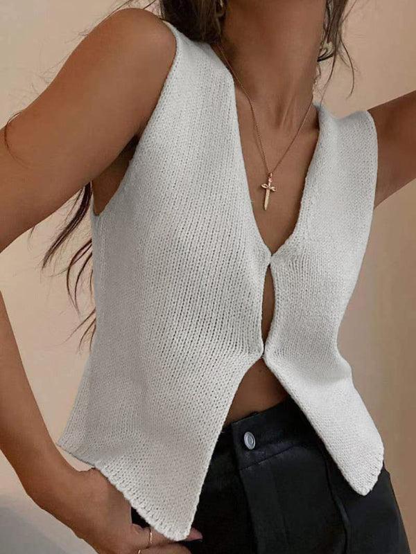 Women's Deep V Sexy New Sleeveless Hot Girl Knitted Top Cardigan White