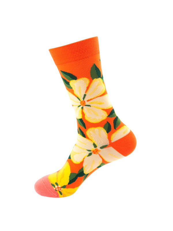 Floral Pattern Casual Knit Women's Socks Orange FREESIZE