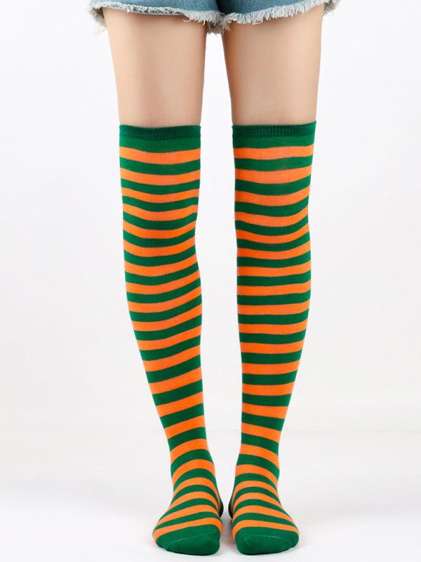 New daily casual over-the-knee socks for women long Christmas and Halloween striped stockings Green FREESIZE