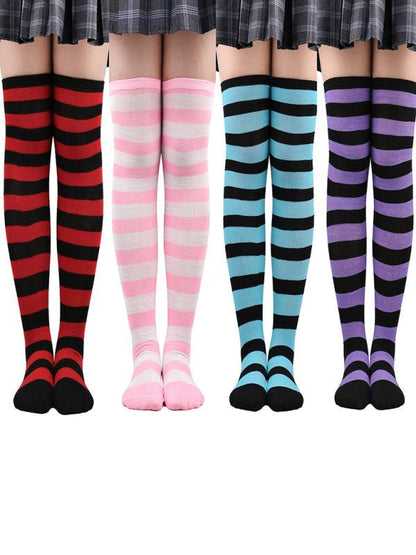 New daily casual over-the-knee socks for women long Christmas and Halloween striped stockings Red FREESIZE