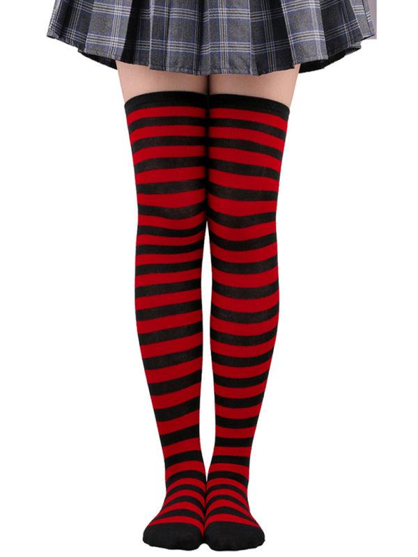 New daily casual over-the-knee socks for women long Christmas and Halloween striped stockings Red FREESIZE