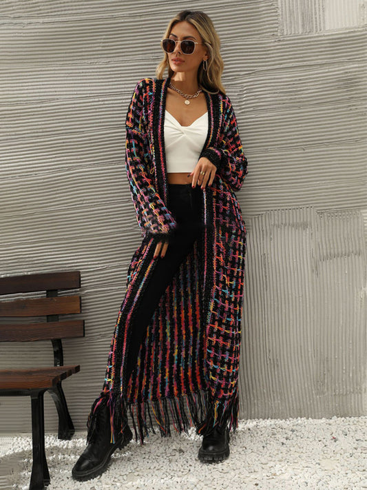 women's tassel long cardigan coat sweater Black