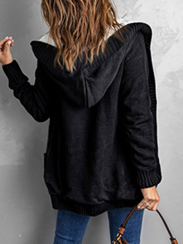 mid-length cardigan hooded sweater jacket Black