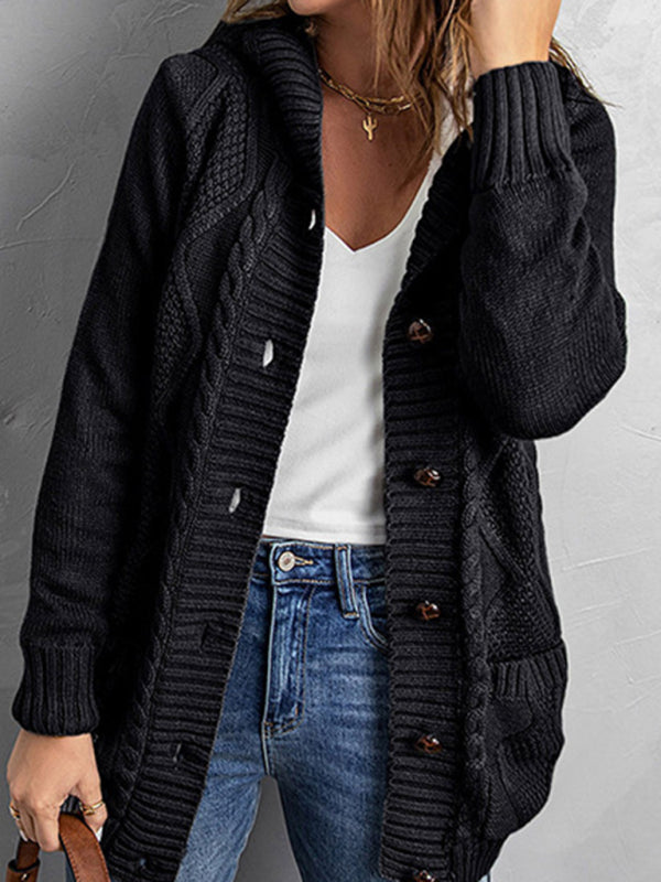 mid-length cardigan hooded sweater jacket Black