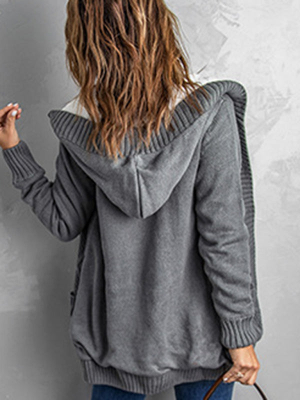 mid-length cardigan hooded sweater jacket Charcoal grey