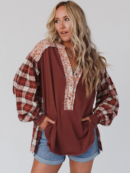 Women's round neck plaid printed loose long sleeve top Red